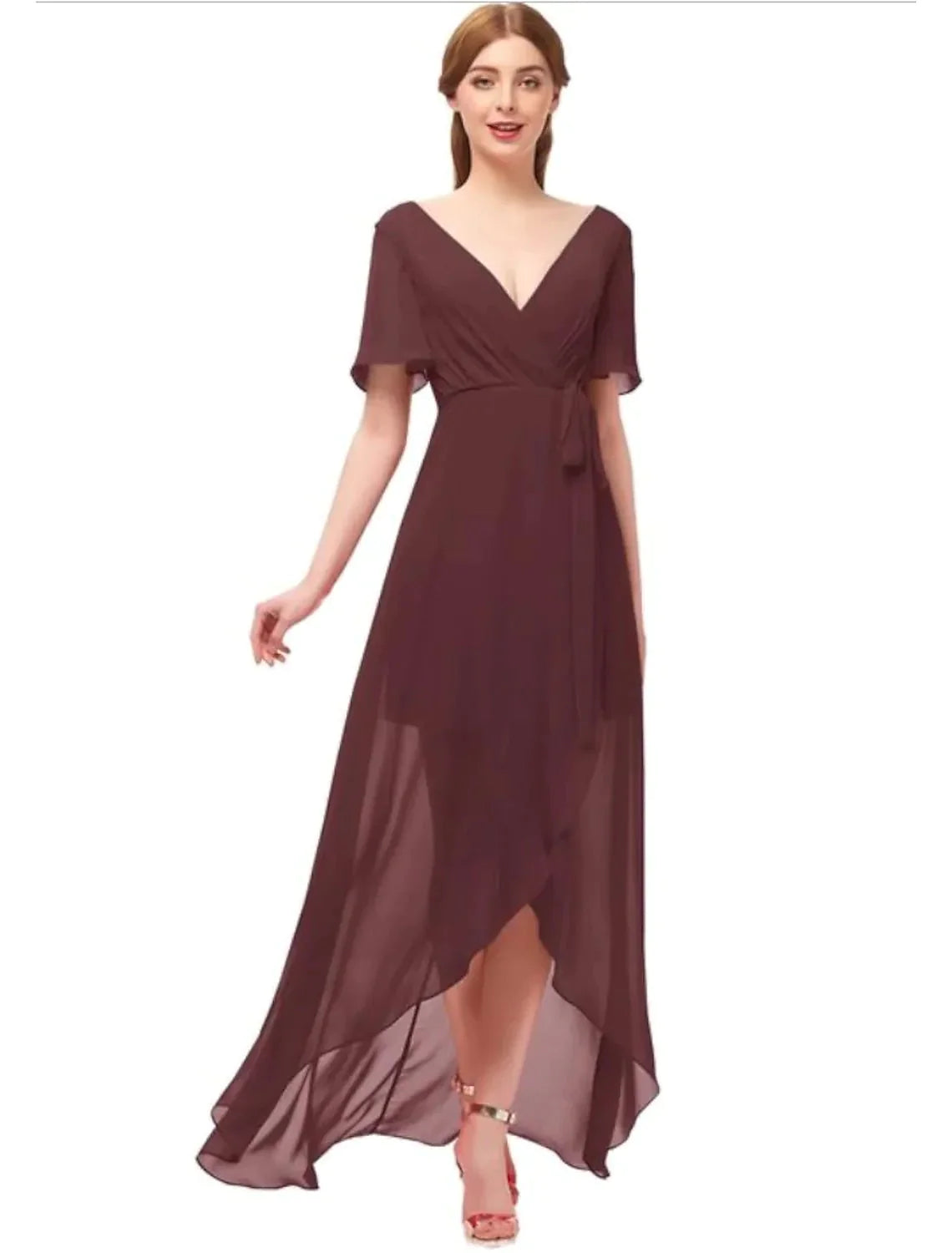 A-Line Bridesmaid Dress Plunging Neck Short Sleeve Elegant Asymmetrical Chiffon with Bow(s) / Ruching - luolandi