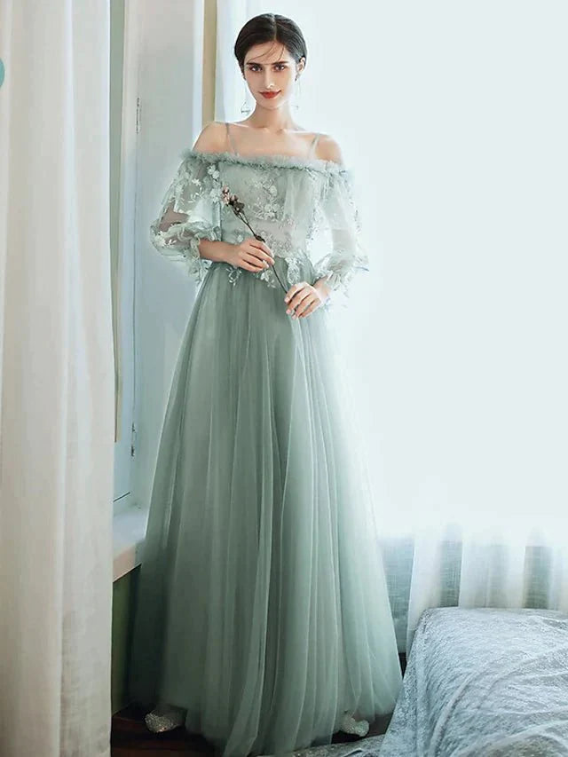 A-Line Bridesmaid Dress Spaghetti Strap / Off Shoulder Long Sleeve Elegant Floor Length Tulle with Ruffles / Appliques - luolandi