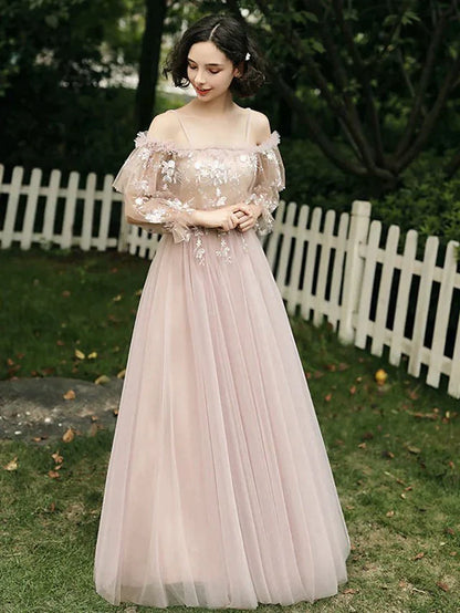 A-Line Bridesmaid Dress Spaghetti Strap / Off Shoulder Long Sleeve Elegant Floor Length Tulle with Ruffles / Appliques - luolandi