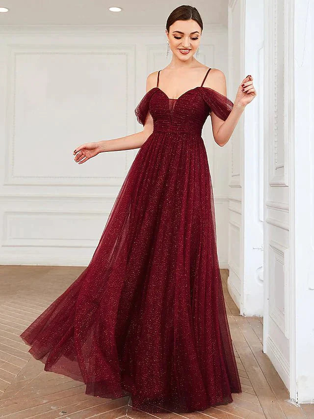 A-Line Bridesmaid Dress Spaghetti Strap / Off Shoulder Short Sleeve Elegant Floor Length Tulle with Draping / Ruching / Solid Color - luolandi