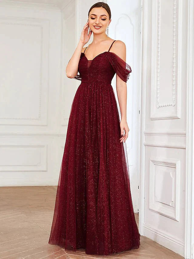 A-Line Bridesmaid Dress Spaghetti Strap / Off Shoulder Short Sleeve Elegant Floor Length Tulle with Draping / Ruching / Solid Color - luolandi