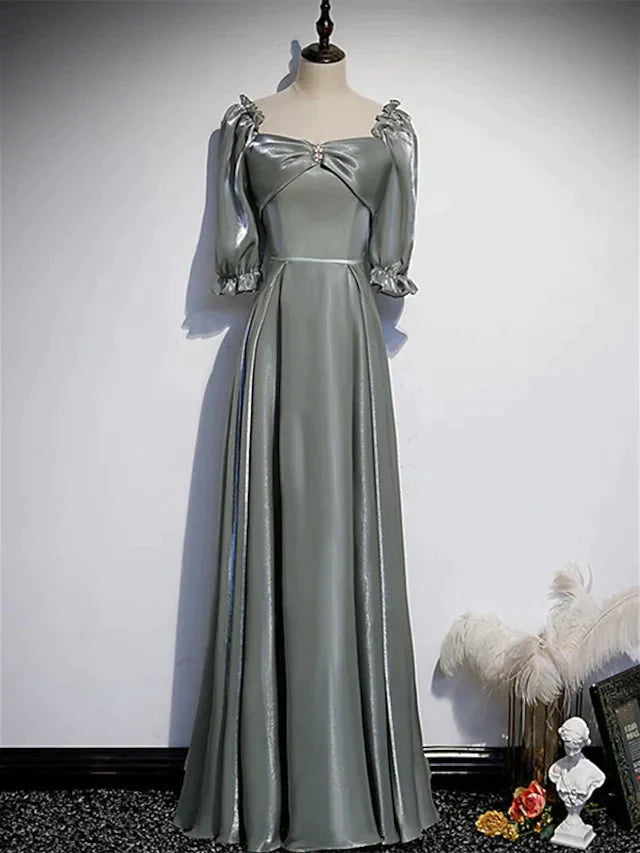 A-Line Bridesmaid Dress Square Neck Half Sleeve Elegant Floor Length Satin with Bow(s) / Beading - luolandi