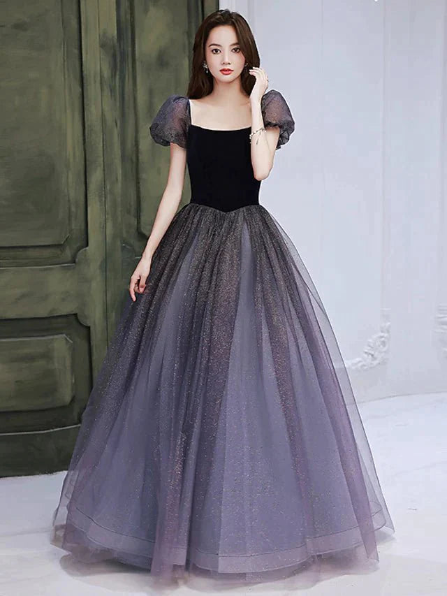 A-Line Bridesmaid Dress Square Neck Short Sleeve Elegant Floor Length Tulle with Pleats / Sequin - luolandi