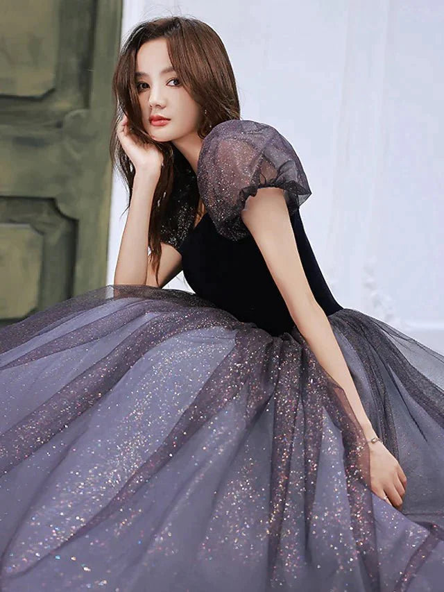 A-Line Bridesmaid Dress Square Neck Short Sleeve Elegant Floor Length Tulle with Pleats / Sequin - luolandi