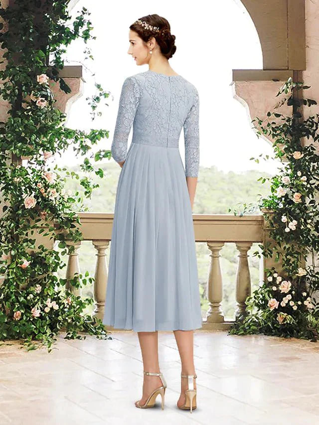 A-Line Bridesmaid Dress V Neck 3/4 Length Sleeve Elegant Tea Length Chiffon / Lace with Pleats - luolandi
