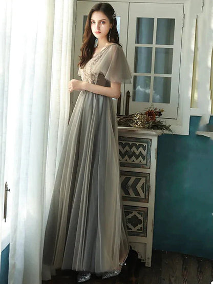 A-Line Bridesmaid Dress V Neck Short Sleeve Elegant Floor Length Tulle with Beading / Sequin - luolandi