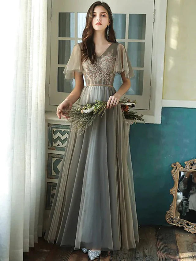 A-Line Bridesmaid Dress V Neck Short Sleeve Elegant Floor Length Tulle with Beading / Sequin - luolandi