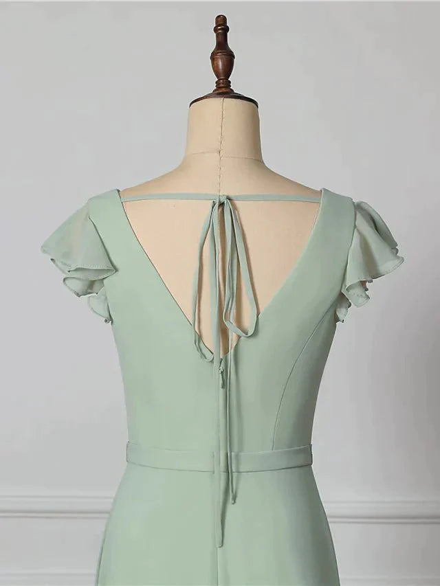 A-Line Bridesmaid Dress V Neck Short Sleeve Open Back Floor Length Chiffon with Draping - luolandi