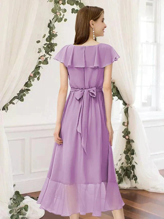A-Line Bridesmaid Dress V Neck Sleeveless Elegant Asymmetrical Chiffon with Pleats / Ruffles - luolandi
