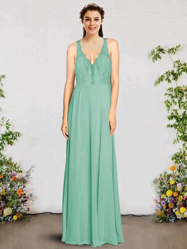 A-Line Bridesmaid Dress V Neck Sleeveless Elegant Floor Length Chiffon / Lace with Pleats - luolandi