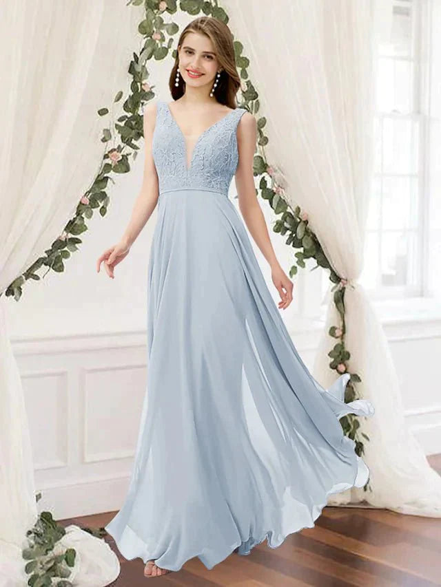 A-Line Bridesmaid Dress V Neck Sleeveless Elegant Floor Length Chiffon / Lace with Pleats - luolandi