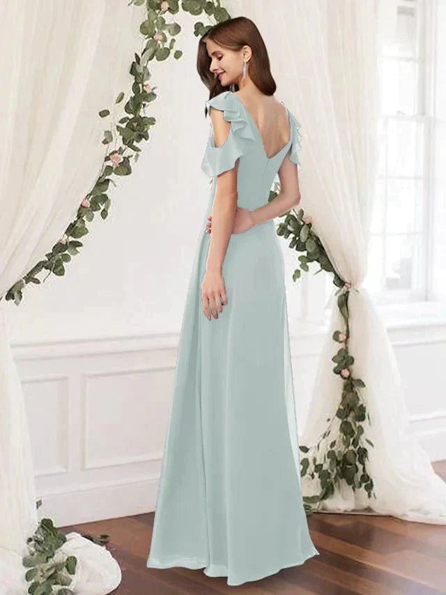 A-Line Bridesmaid Dress V Neck Sleeveless Elegant Floor Length Chiffon with Pleats / Ruffles - luolandi