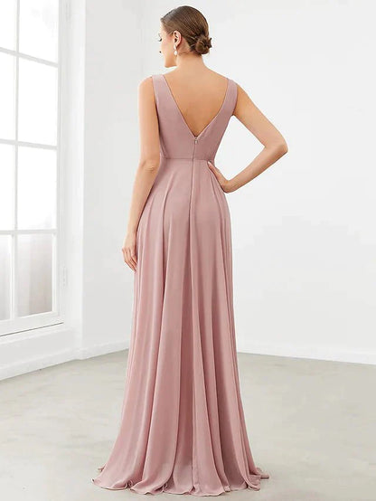 A-Line Bridesmaid Dress V Neck Sleeveless Elegant Floor Length Chiffon with Pleats / Ruffles / Tier - luolandi