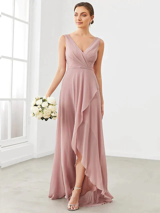 A-Line Bridesmaid Dress V Neck Sleeveless Elegant Floor Length Chiffon with Pleats / Ruffles / Tier - luolandi