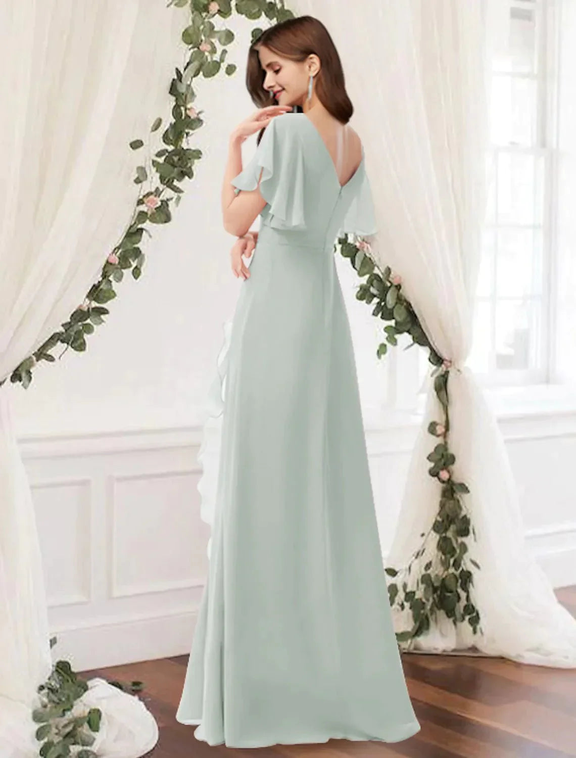 A-Line Bridesmaid Dress V Neck Sleeveless Elegant Floor Length Chiffon with Ruffles / Split Front - luolandi