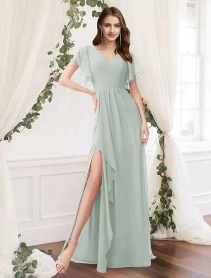 A-Line Bridesmaid Dress V Neck Sleeveless Elegant Floor Length Chiffon with Ruffles / Split Front - luolandi