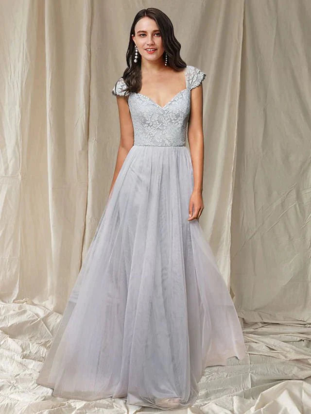 A-Line Bridesmaid Dress V Neck Sleeveless Elegant Floor Length Lace / Tulle with Pleats / Appliques - luolandi