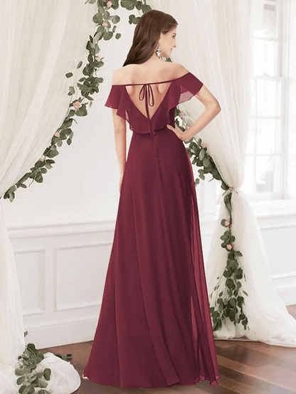 A-Line Off Shoulder Floor Length Chiffon Bridesmaid Dress with Pleats / Split Front - luolandi