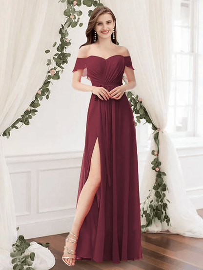 A-Line Off Shoulder Floor Length Chiffon Bridesmaid Dress with Pleats / Split Front - luolandi