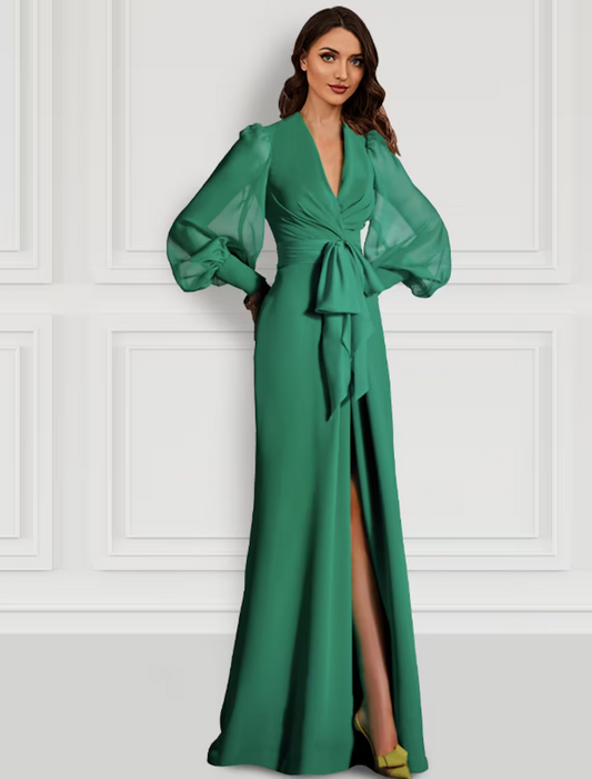 Mermaid / Trumpet Evening Gown Elegant Dress Formal Sweep / Brush Train Long Sleeve V Neck Chiffon with Slit Strappy