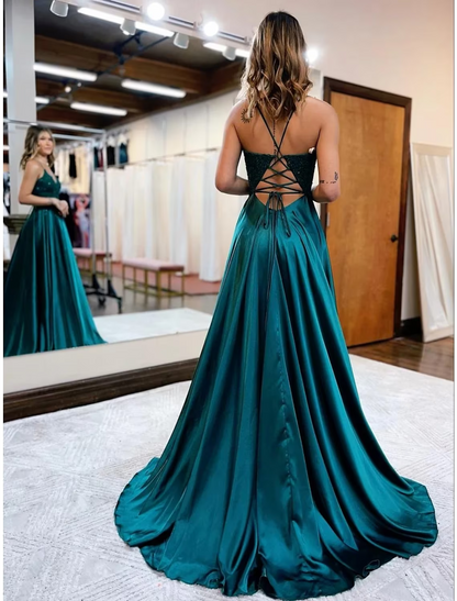 A-Line Prom Dresses Empire Dress Formal Court Train Sleeveless V Neck Satin Backless with Beading Appliques
