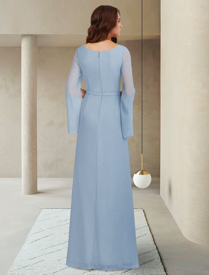 Mother of the Bride Dress Elegant V Neck Ankle Length Chiffon Long Sleeve with Crystal Brooch Ruching