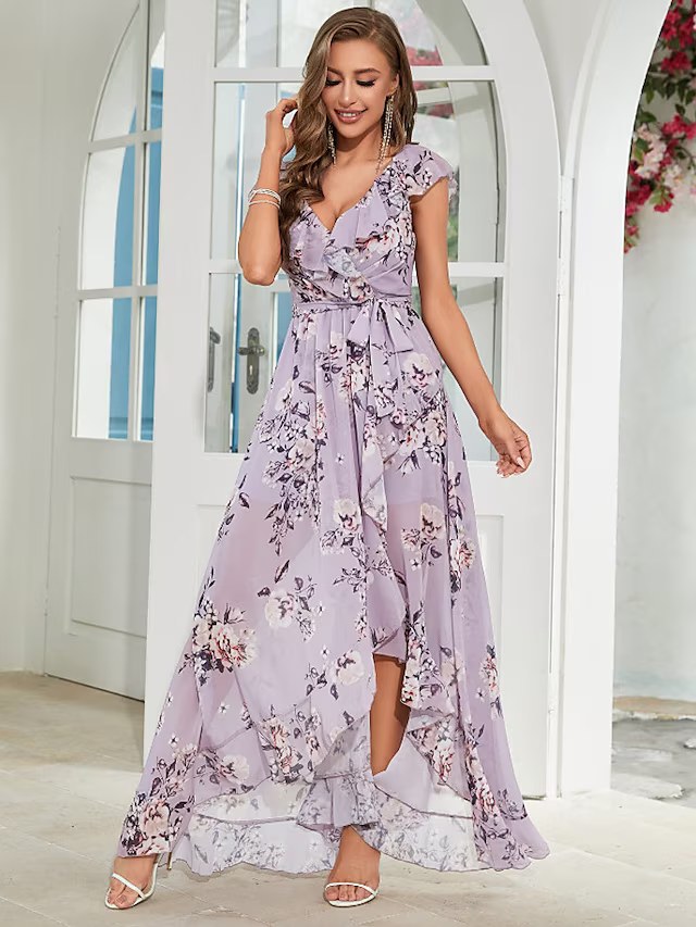 A-Line Wedding Guest Dresses Floral Dress Party Wear Asymmetrical Sleeveless V Neck Chiffon with Ruffles Strappy