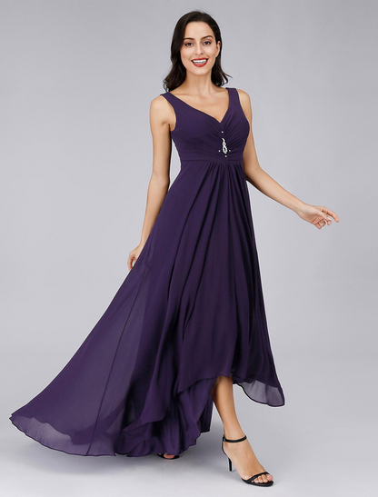 A-Line Cocktail Dresses Dress Holiday Asymmetrical Sleeveless V Neck Polyester V Back with Crystals Draping