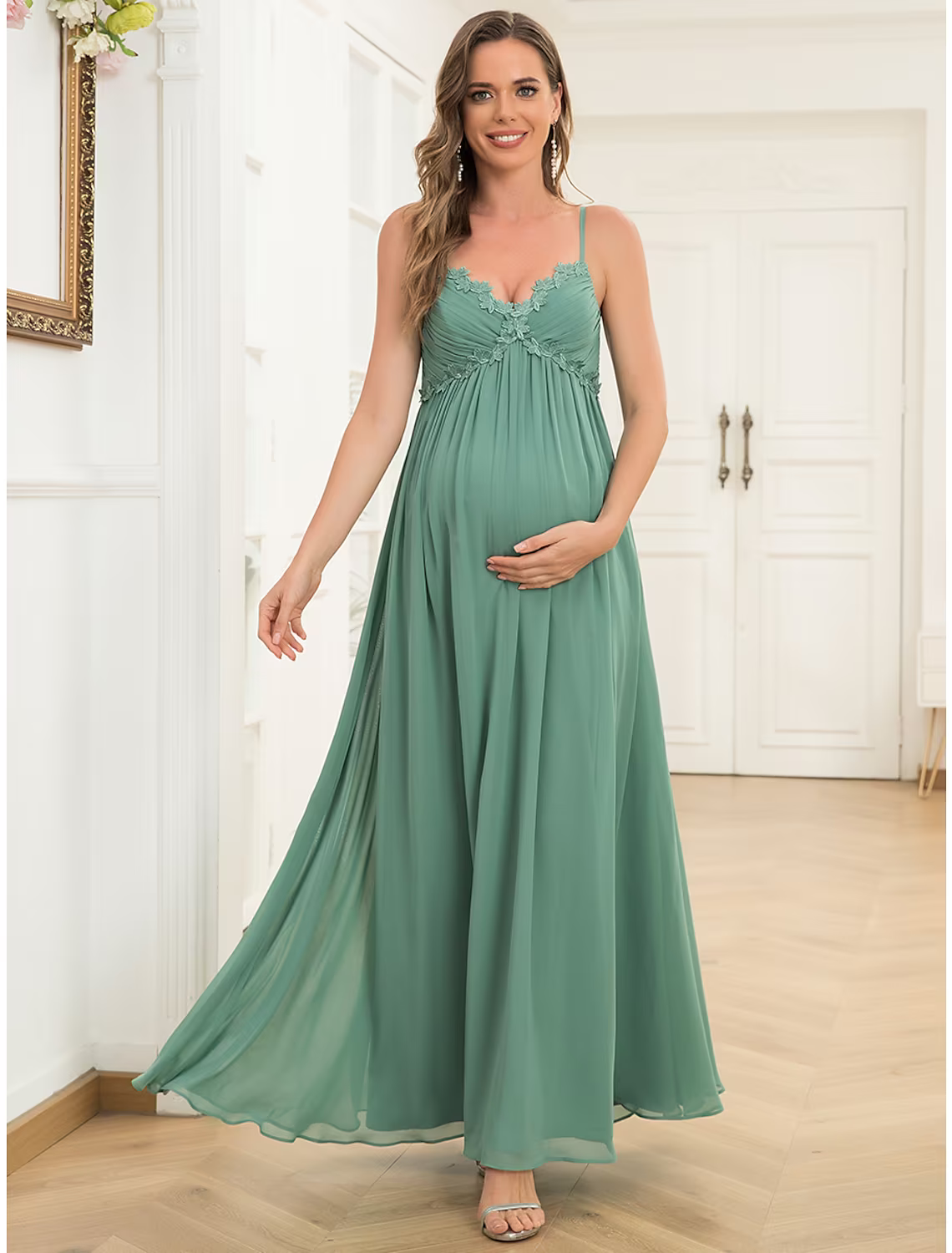 A-Line Evening Gown Maternity Dress Wedding Guest Floor Length Sleeveless V Neck Chiffon V Back with Draping