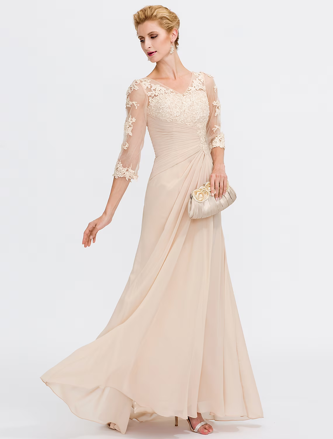 A-Line Mother of the Bride Dress Plus Size Elegant Through V Neck Floor Length Chiffon Half Sleeve with Appliques Side Draping