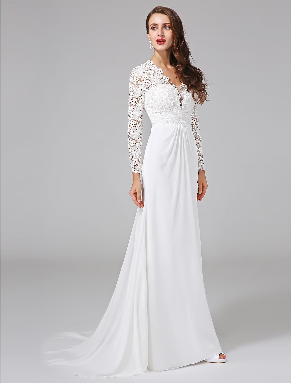 Beach Royal Style Wedding Dresses Long Sleeve V Neck Chiffon With Lace Button