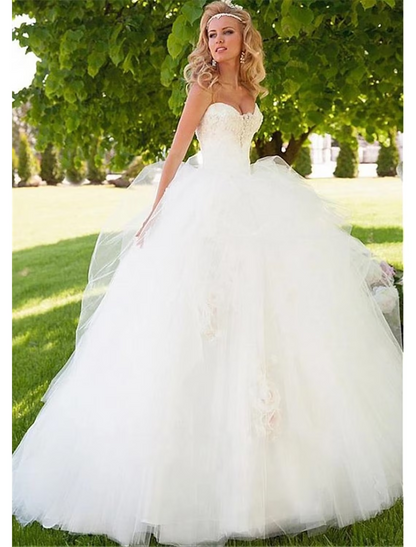 Engagement Formal Wedding Dresses Floor Length Ball Gown Strapless Sweetheart Tulle With