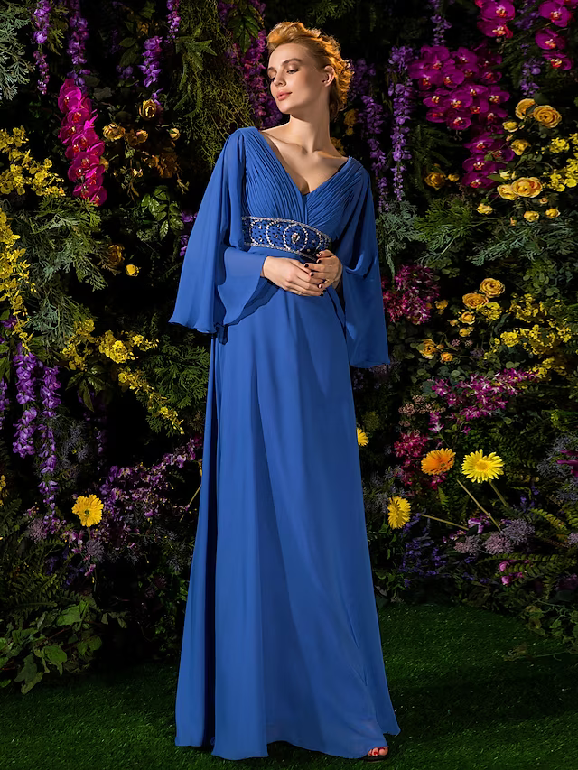 A-Line Mother of the Bride Dress Vintage Inspired V Neck Floor Length Chiffon Long Sleeve with Crystals Beading Side Draping