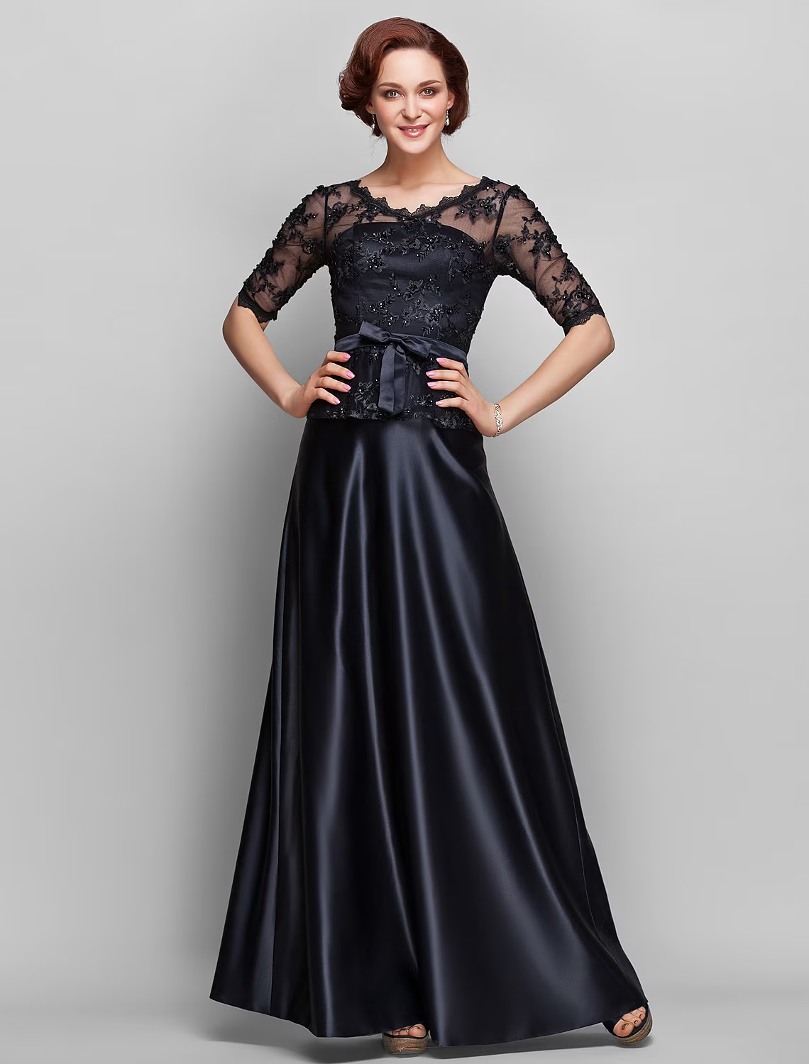 A-Line Mother of the Bride Dress  V Neck Floor Length Satin Lace Half Sleeve with Lace Bow(s) Beading