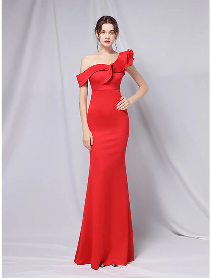 Evening Gown Dress Wedding Guest Floor Length Short Sleeve One Shoulder Stretch Satin with Ruffles