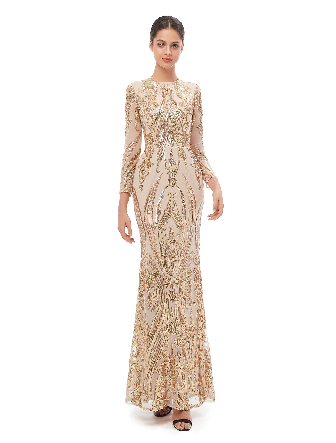 Elegant Vintage Prom Formal Evening Dress Long Sleeve Detachable Sequined with