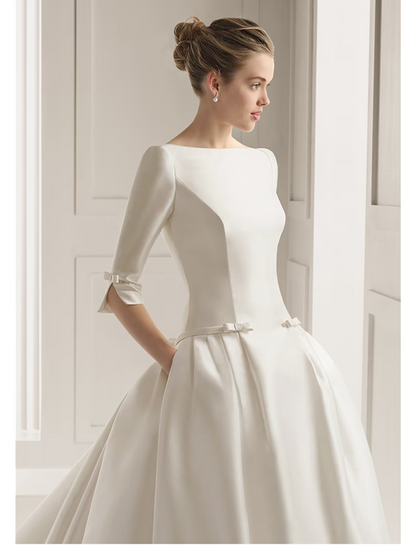 Engagement Formal Wedding Dresses Court Train A-Line Half Sleeve Neck Satin With Bow(s) Pleats