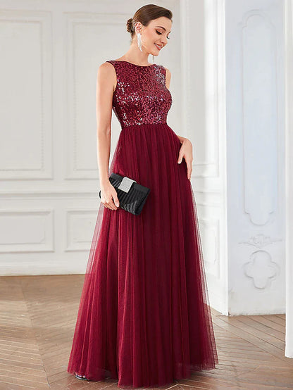 A-Line Party Dresses Elegant Dress Wedding Guest Floor Length Sleeveless Tulle with Sequin