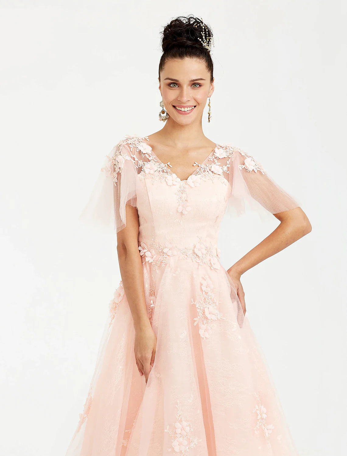 A-Line Prom Dresses Elegant Dress Wedding Guest Tea Length Short Sleeve V Neck Tulle with Appliques