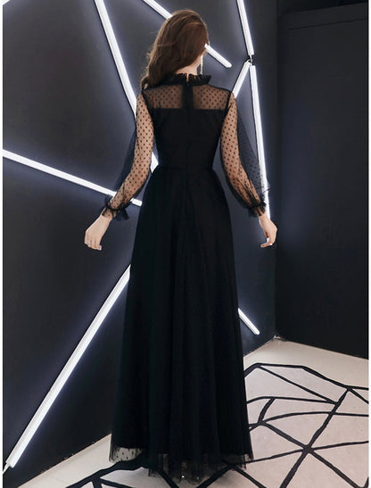 A-Line Little Black Dress Elegant Party Wear Prom Dress High Neck Long Sleeve Floor Length Lace with Ruffles