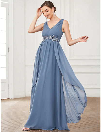 A-Line Prom Dresses Party Wear Floor Length Sleeveless V Neck Chiffon with Appliques