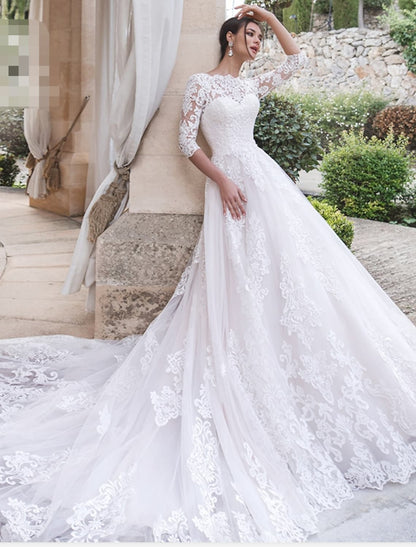 Engagement Open Back Formal Wedding Dresses A-Line Length Sleeve Off Shoulder Lace With
