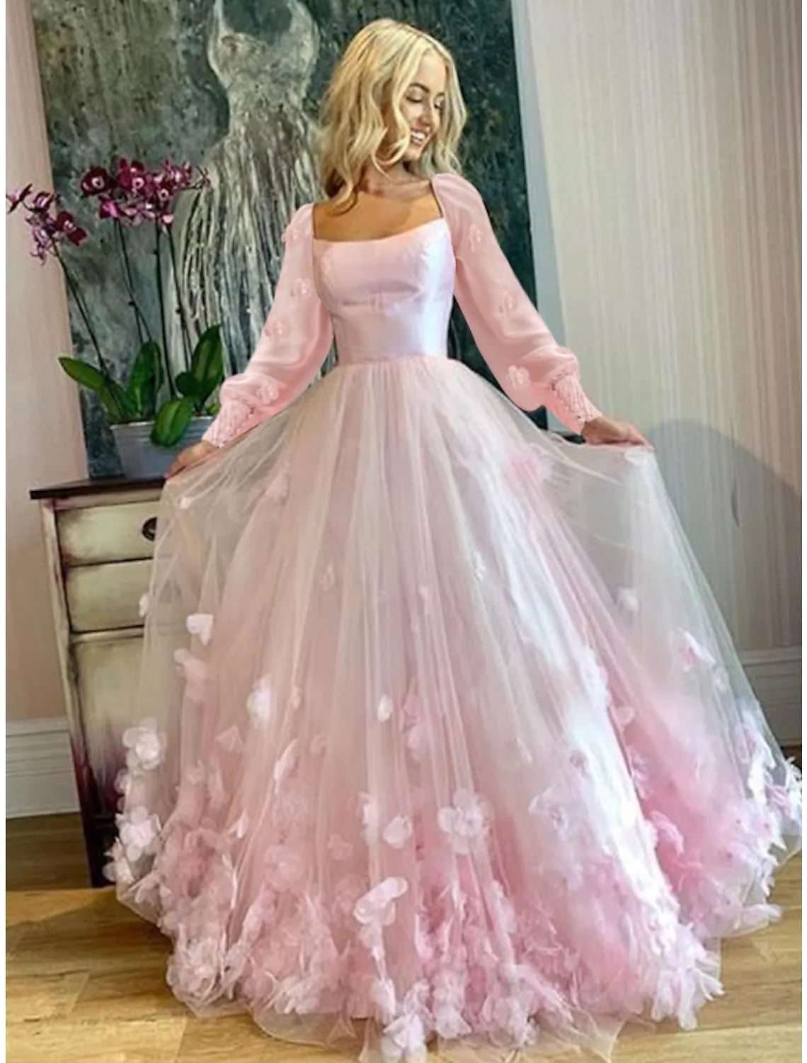A-Line Prom Dresses Dress Sweet Long Sleeve Scoop Neck Tulle with Appliques Butterfly