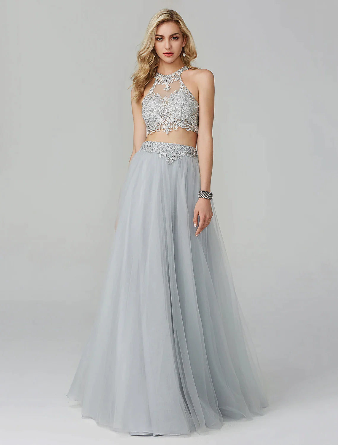 Two Piece Prom Formal Evening Dress Sleeveless Floor Length Lace