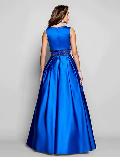 A-Line Elegant Blue Evening Dresses Wedding Guest Floor Length Sleeveless Boat Neck Pocket Satin with Pleats Beading