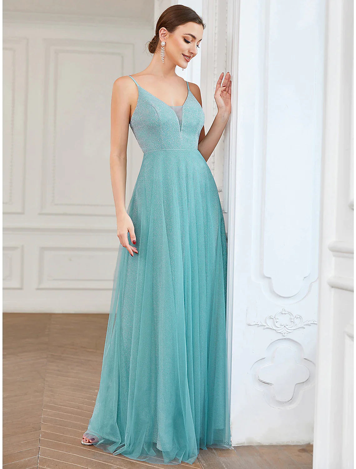 A-Line Prom Dresses Elegant Dress Wedding Guest Floor Length Sleeveless V Neck Tulle with Draping