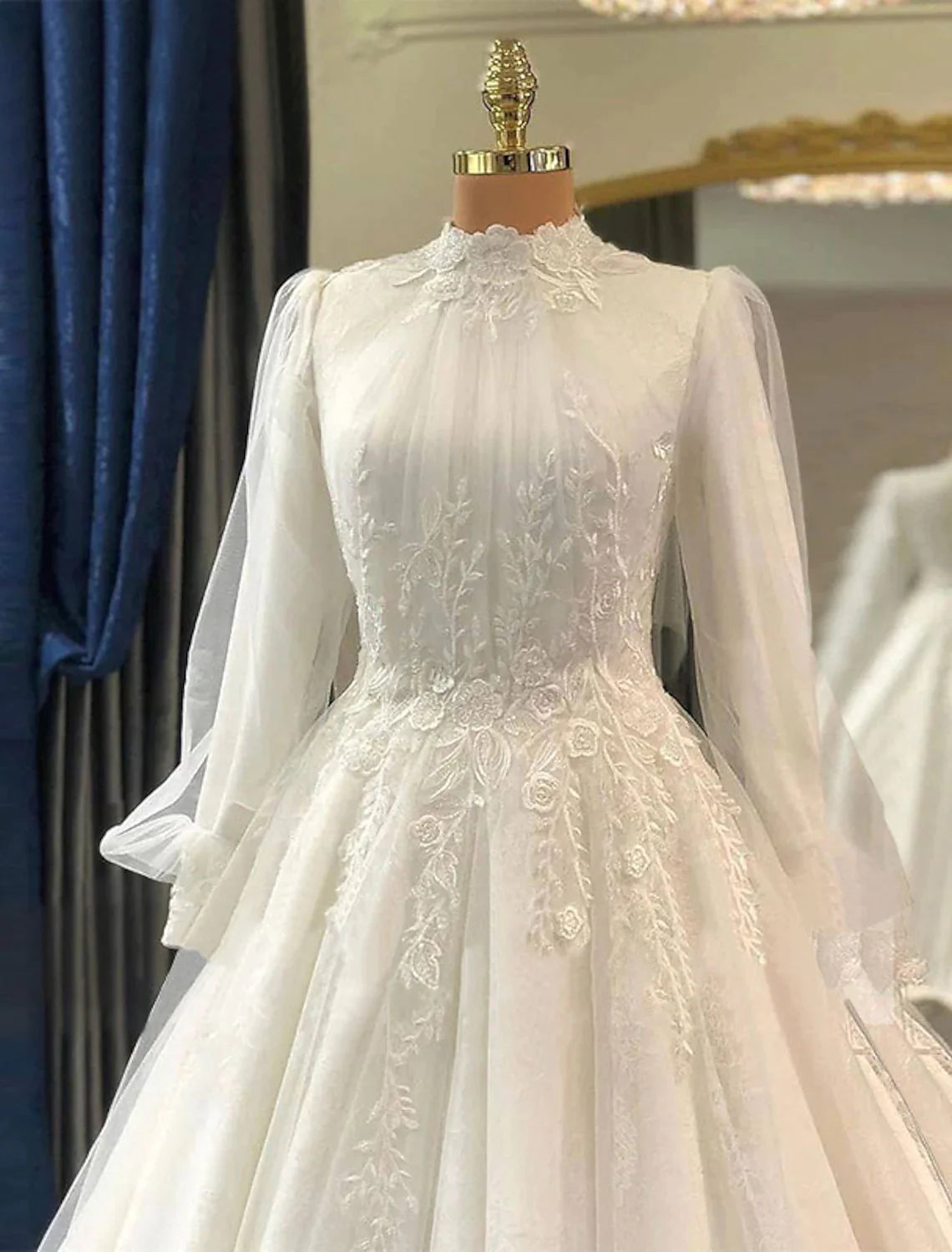 Engagement Vintage Formal Wedding Dresses Princess Long Sleeve High Neck Lace Pleats Appliques