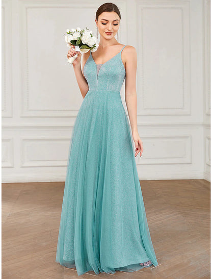 A-Line Prom Dresses Elegant Dress Wedding Guest Floor Length Sleeveless V Neck Tulle with Draping