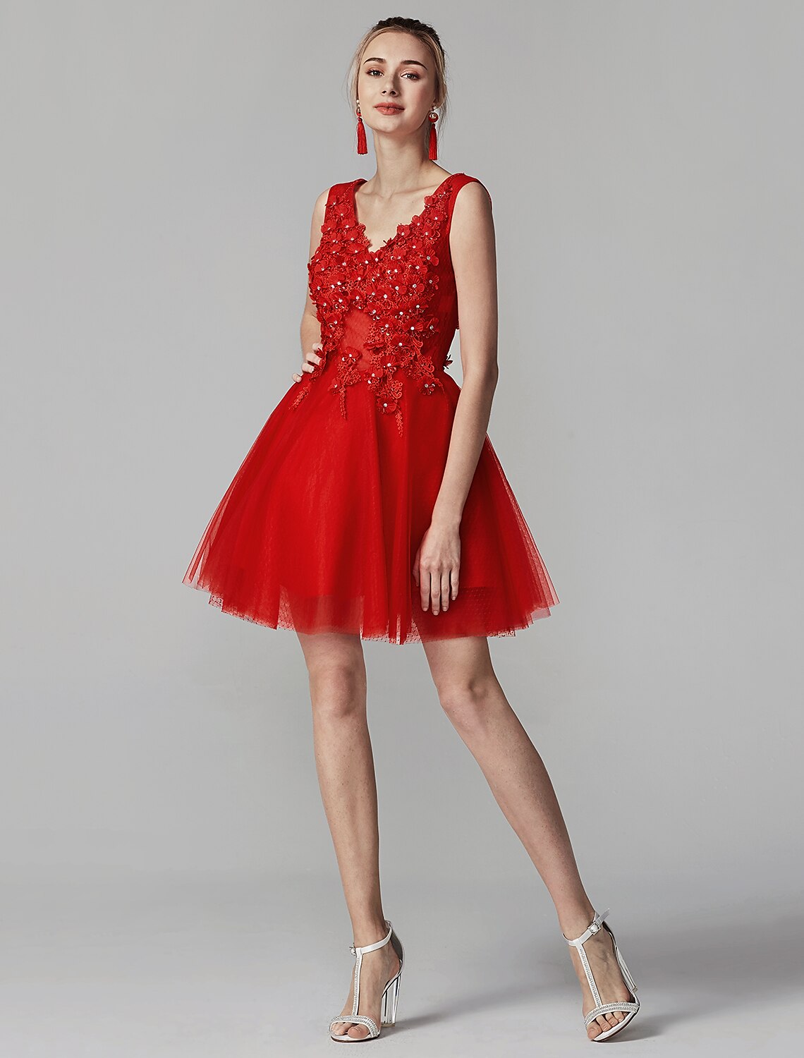 A-Line Party Dress Homecoming Graduation Short / Mini Sleeveless V Neck Lace Over Tulle with Crystals Appliques