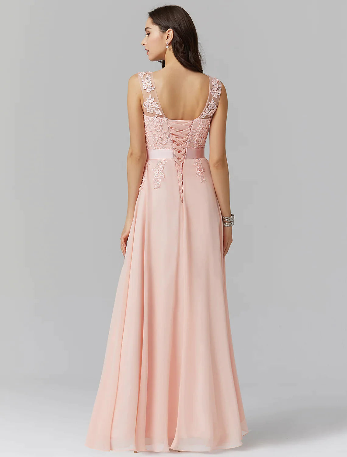 A-Line Evening Gown Wedding Floor Length Sleeveless  Georgette with Appliques